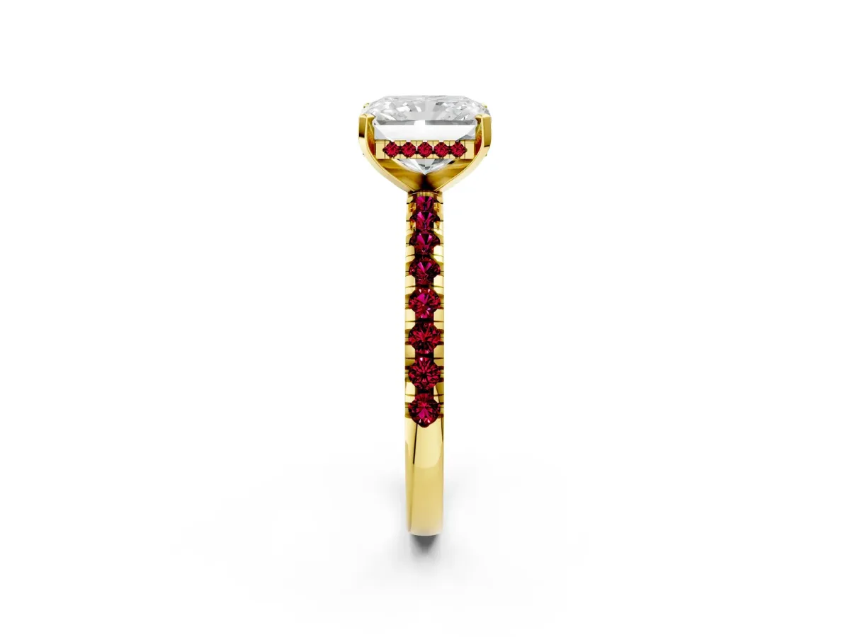 Radiant Cut Diamond Solitaire Ring with Round Garnet Pavé Band and Four-Prong Setting Yellow gold