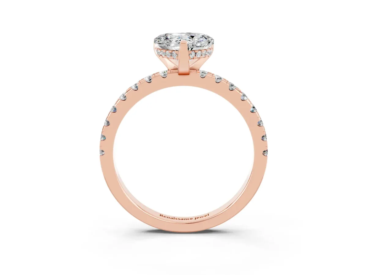 Heart Cut Moissanite Solitaire Ring with Round Pavé Band and Four-Prong Setting Rose gold