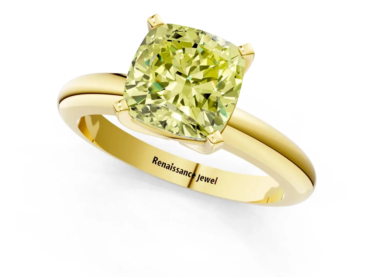 Fancy Yellow Cushion Cut Diamond Solitaire Engagement Ring with Round Band and Four-Prong Setting Yellow gold