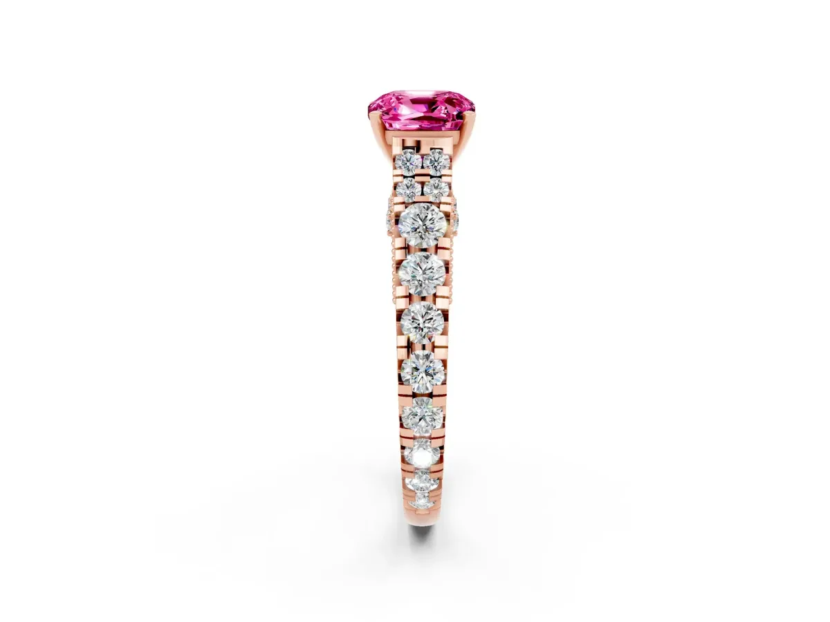 Cushion Cut Pink Sapphire Classic Solitaire Ring with Pavé Band and Four-Prong Setting Rose gold