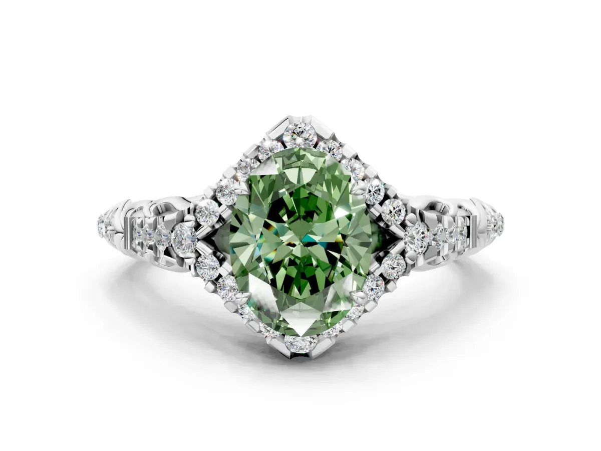 Fancy Green Oval Cut Diamond Solitaire Ring with Hidden Halo and Pavé Band White gold
