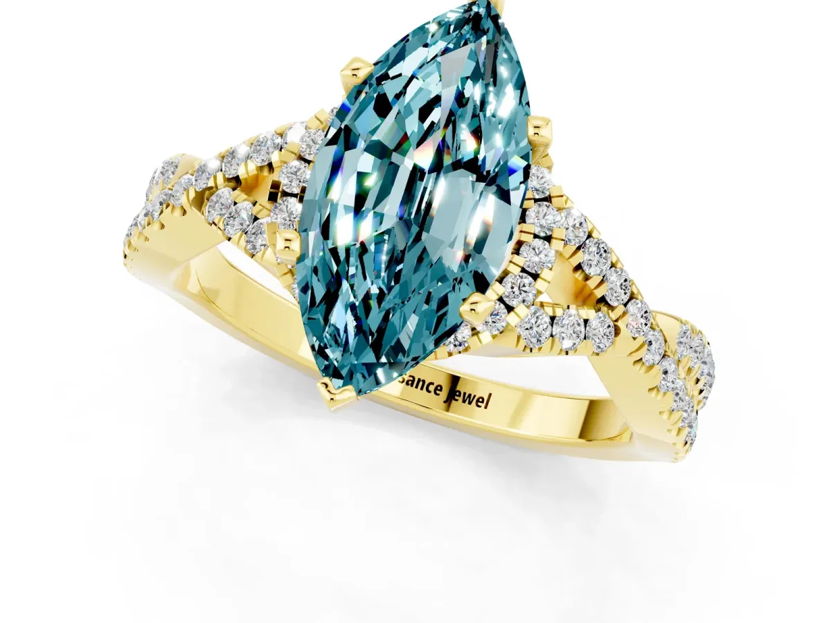 Marquise Cut Blue Topaz Halo Twist Band Solitaire Prong Setting Ring Yellow gold