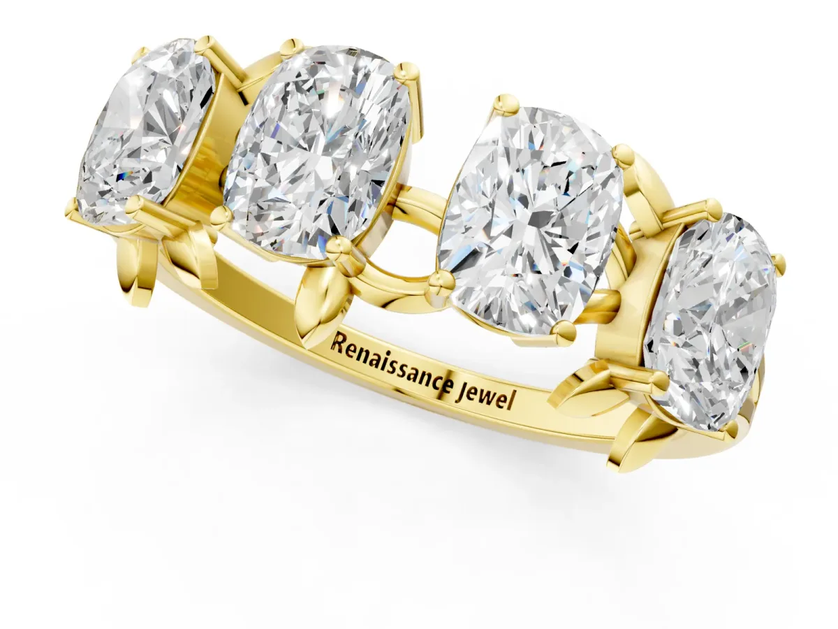Four-Stone Elongated Cushion Diamond Band with Nature-Inspired Prong Setting Yellow gold