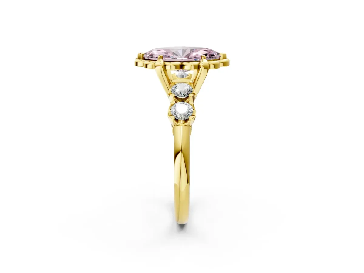Fancy Pink Marquise Cut Cut Diamond Floral Halo Engagement Ring with Shared Prong Setting Yellow gold