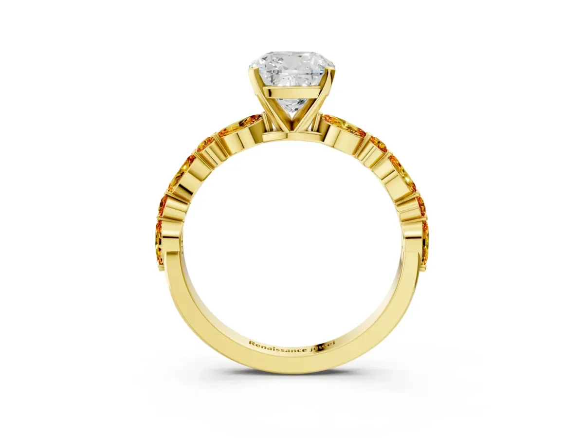 Cushion Cut Diamond Ring with Marquise and Round Citrine Side Stones and Four-Prong Setting Yellow gold