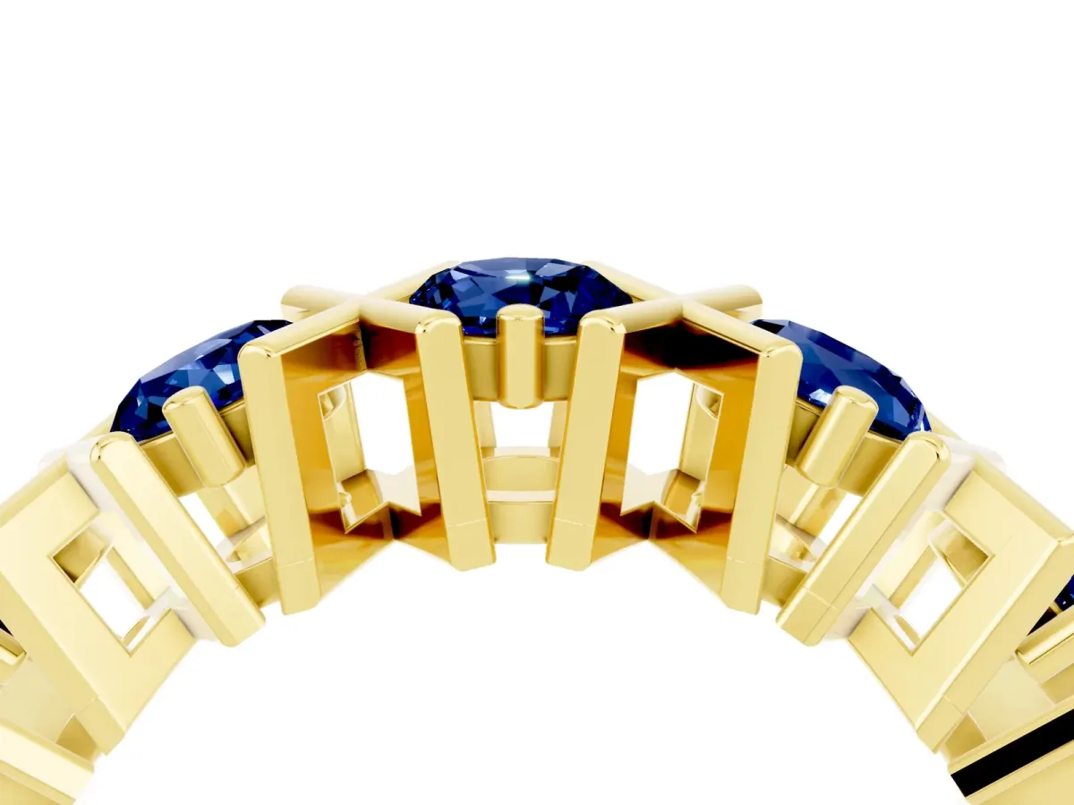 Round Blue Sapphire Channel Set Band with X-Prong Detail Yellow gold