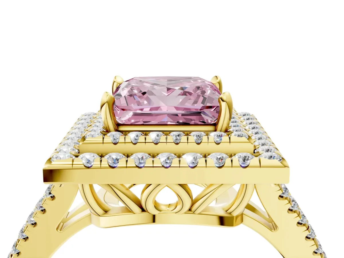 Fancy Pink Princess Cut Diamond Double Halo Ring with Pavé Band and Prong Setting Yellow gold