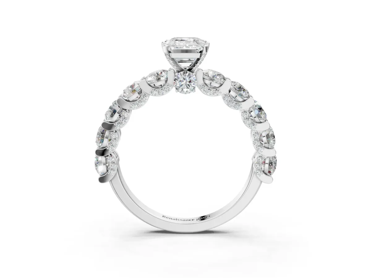 Emerald Cut Diamond Side Stone Engagement Ring with Four-Prong Setting White gold