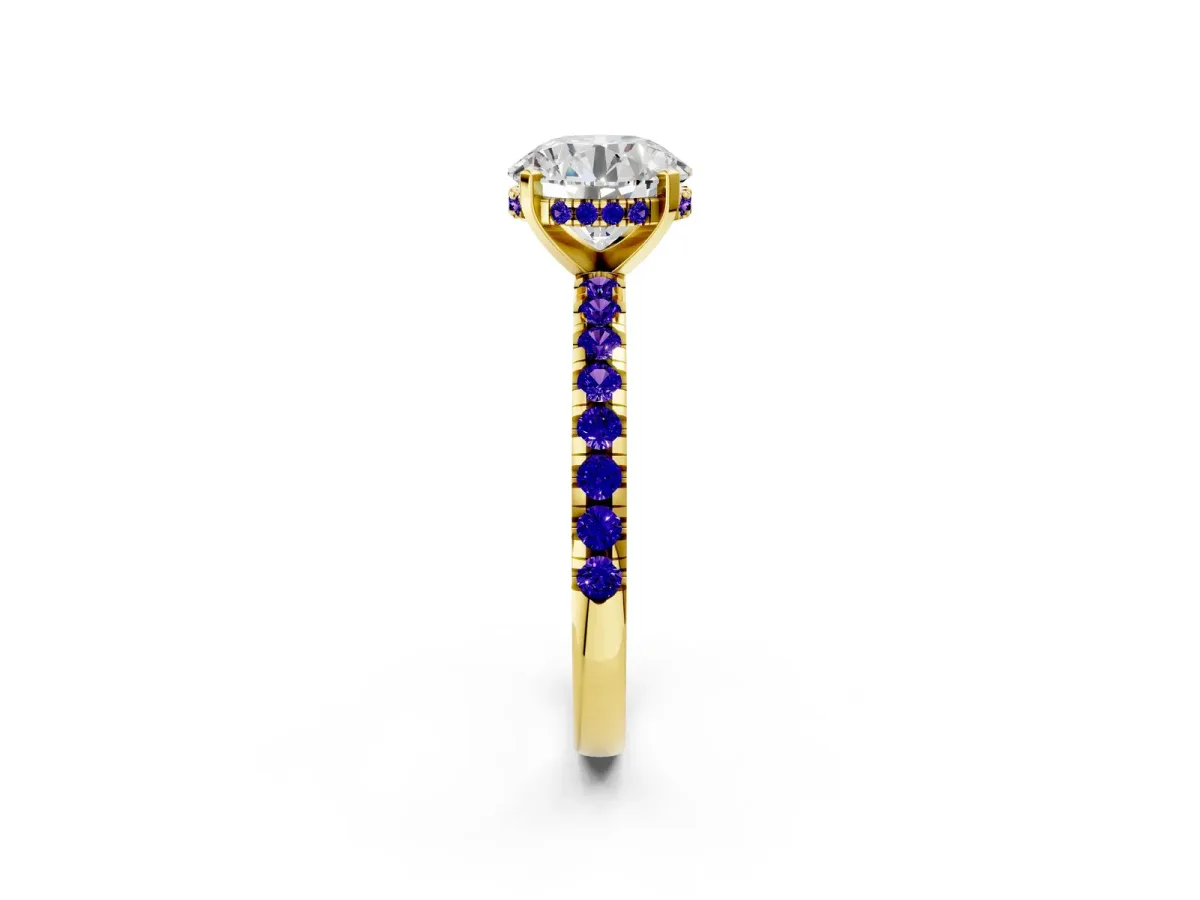 Round Cut Diamond Solitaire Ring with Round Tanzanite Pavé Band and Four-Prong Setting Yellow gold