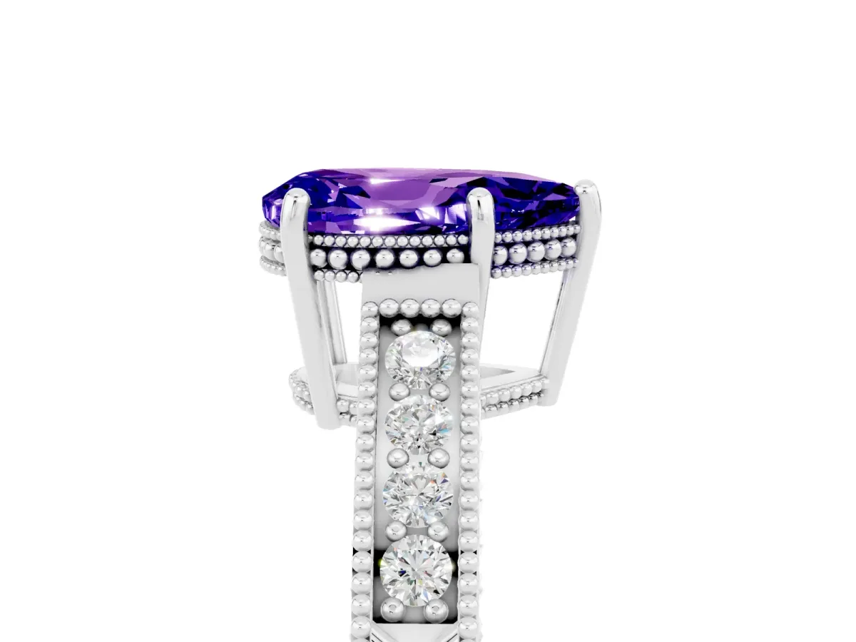 Pear Cut Tanzanite Ring with Milgrain Pavé Band and Four-Prong Setting Platinum