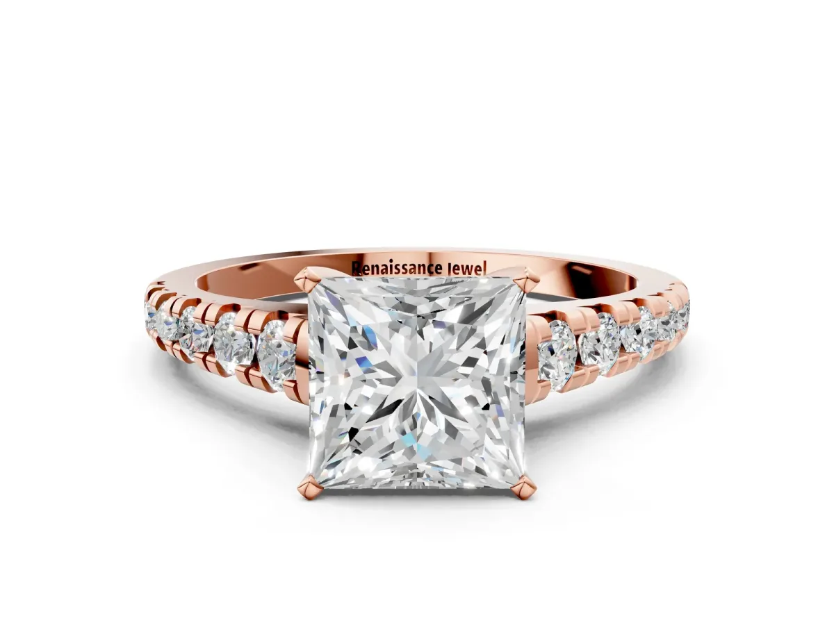 Princess Cut Diamond Cathedral Solitaire Ring with Round Moissanite Pavé Band Rose gold