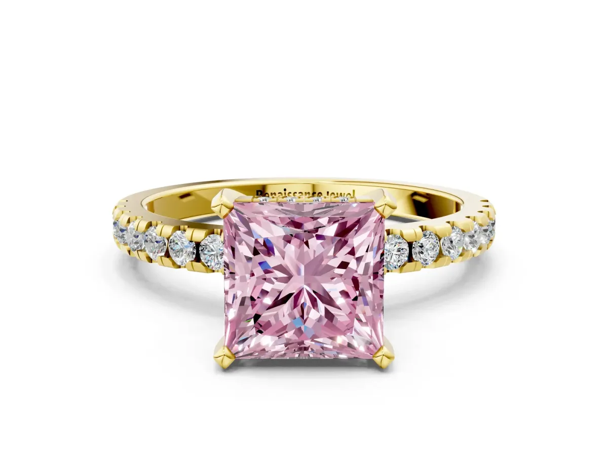 Fancy Pink Princess Cut Diamond Solitaire Ring with Round Pavé Band and Four-Prong Setting Yellow gold