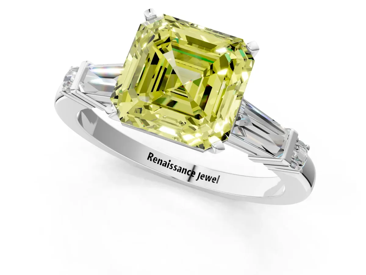 Fancy Yellow Asscher Cut Cut Diamond Ring with Baguette Side Stones, Channel Set Band, and Four-Prong Setting Platinum
