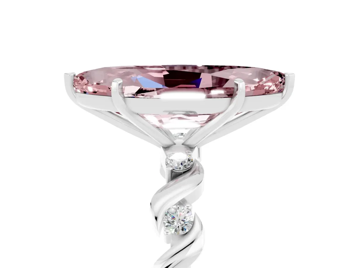 Marquise Cut Morganite Solitaire Twisted Band with Round Accents and Prong Setting White gold