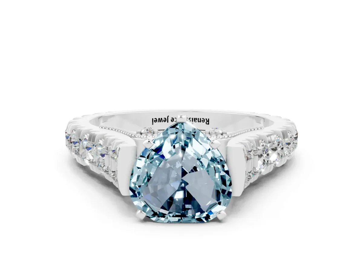 Heart Cut Aquamarine Classic Solitaire Ring with Pavé Band and Four-Prong Setting White gold