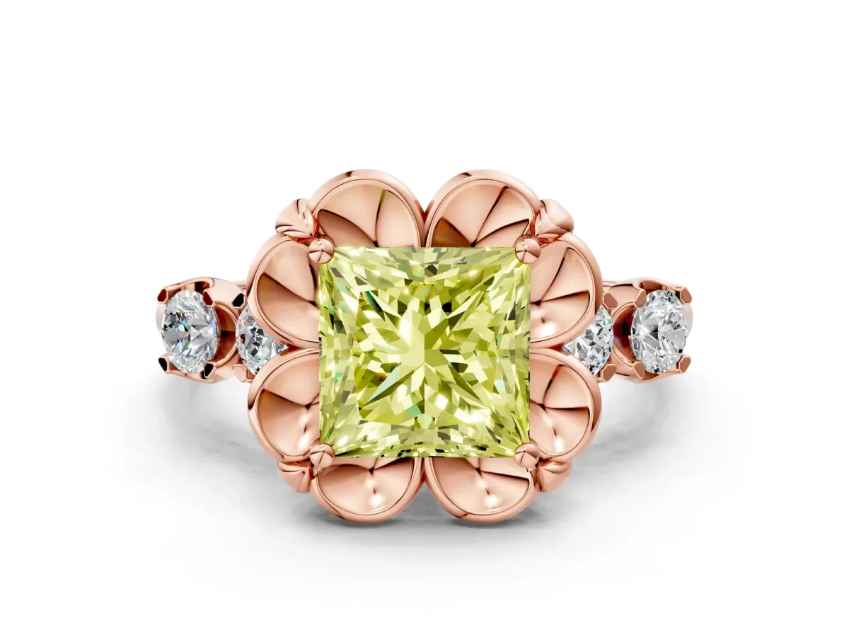 Fancy Yellow Princess Cut Cut Diamond Floral Halo Engagement Ring with Shared Prong Setting Rose gold