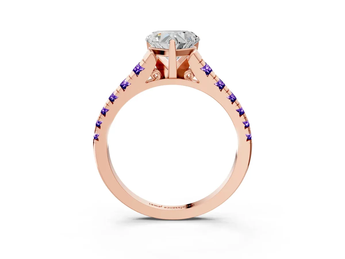 Heart Cut Diamond Cathedral Solitaire Ring with Round Tanzanite Pavé Band Rose gold