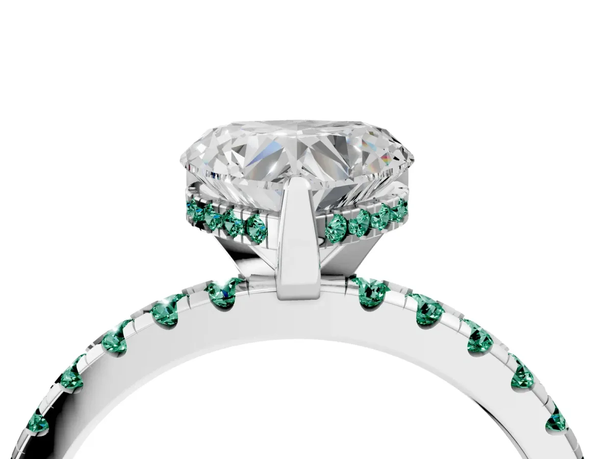 Heart Cut Diamond Solitaire Ring with Round Green Sapphire Pavé Band and Four-Prong Setting White gold