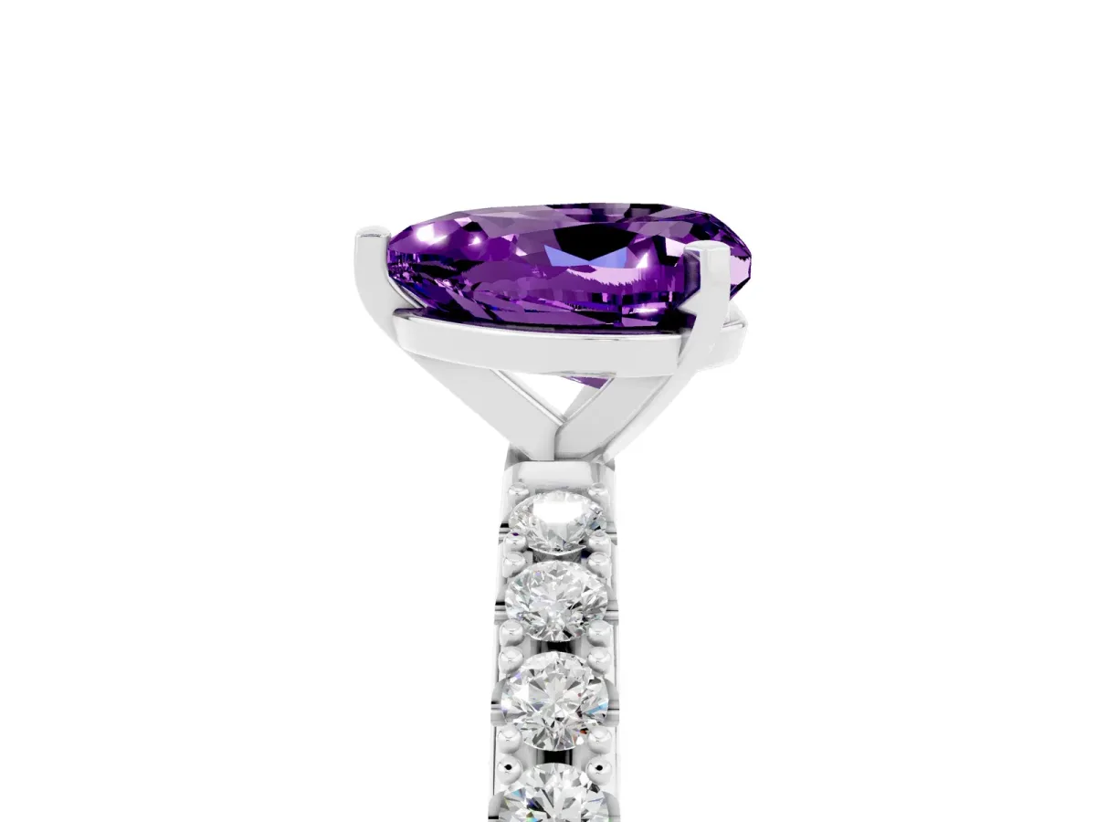 Heart Cut Amethyst Solitaire Pavé Band with Four-Prong Setting White gold