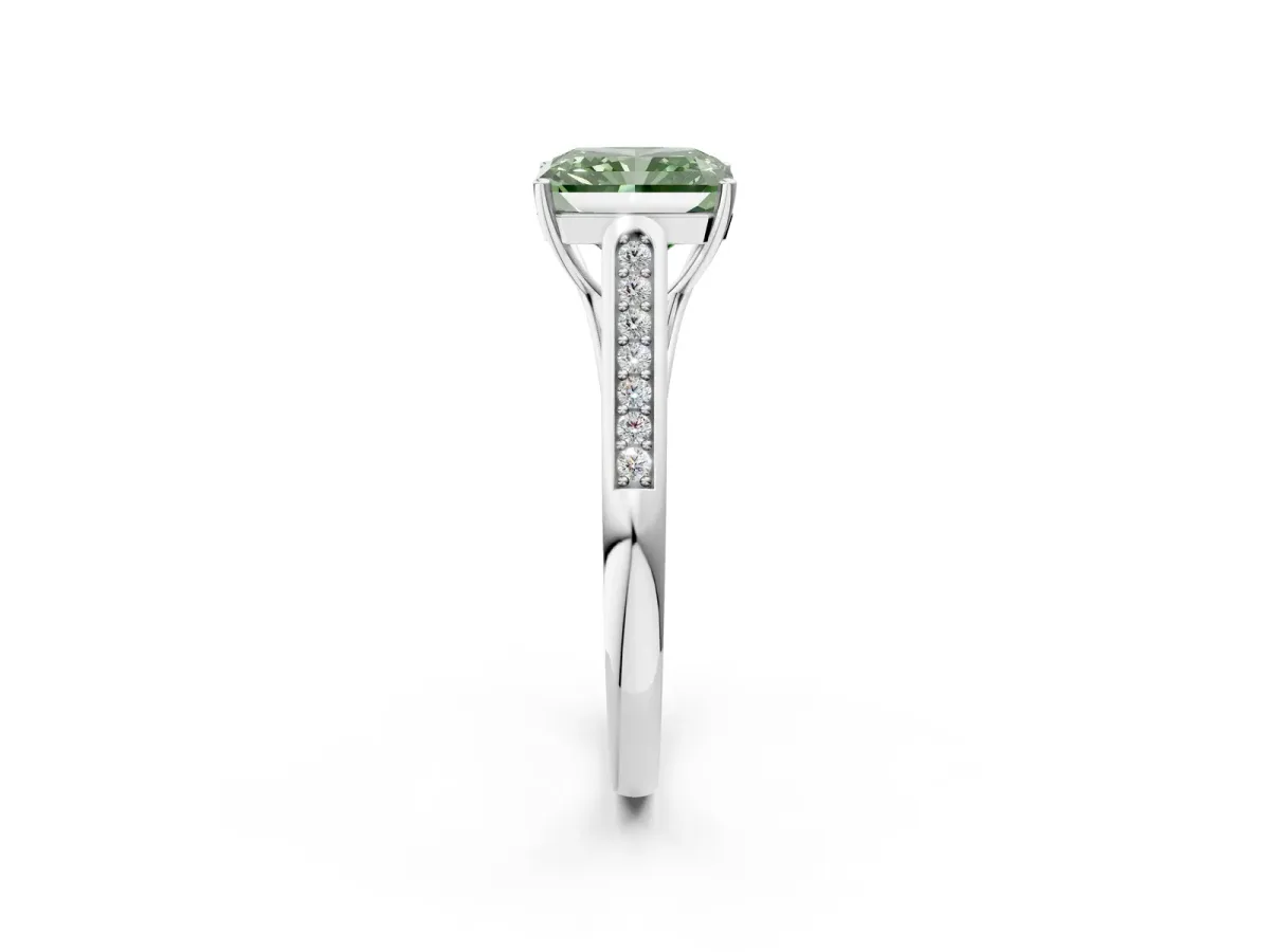Fancy Green Radiant Cut Solitaire Cathedral Diamond Engagement Ring with Channel-Set Band and Four-Prong Setting Platinum