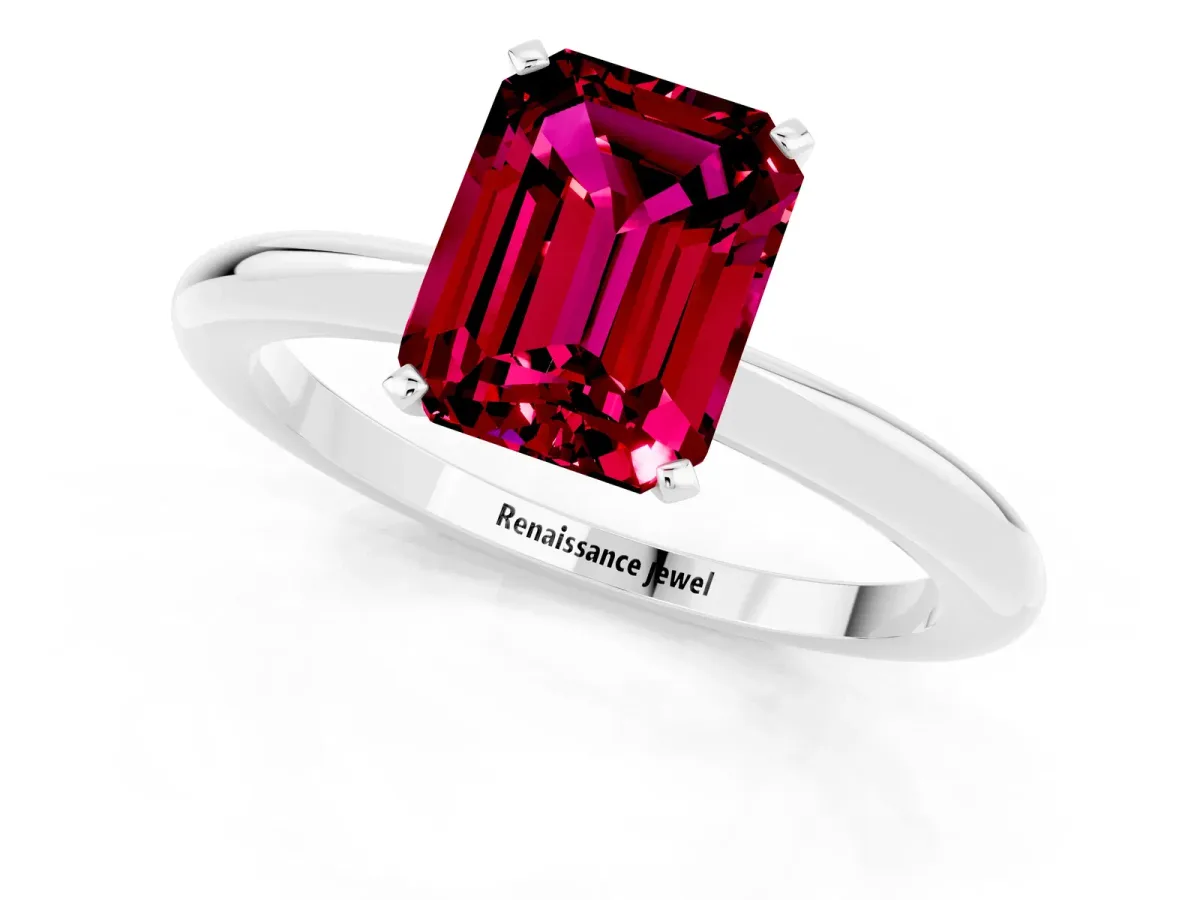 Emerald Cut Garnet Solitaire Ring with Six-Prong Setting and Classic Band Silver