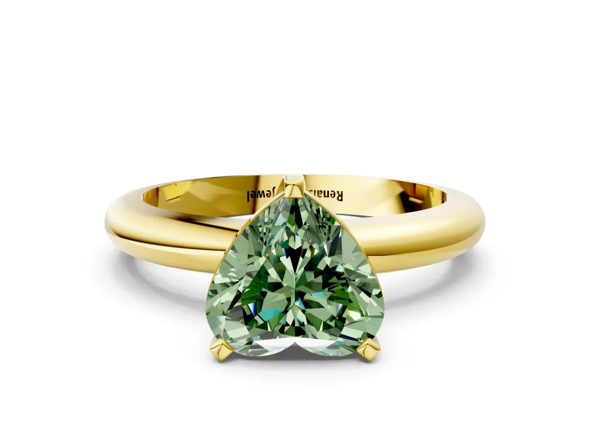 Fancy Green Heart Cut Diamond Solitaire Engagement Ring with Round Band and Four-Prong Setting Yellow gold