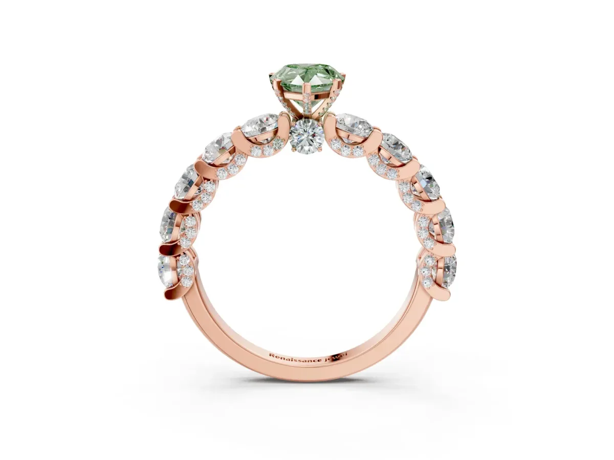 Fancy Green Pear Cut Diamond Side Stone Engagement Ring with Four-Prong Setting Rose gold