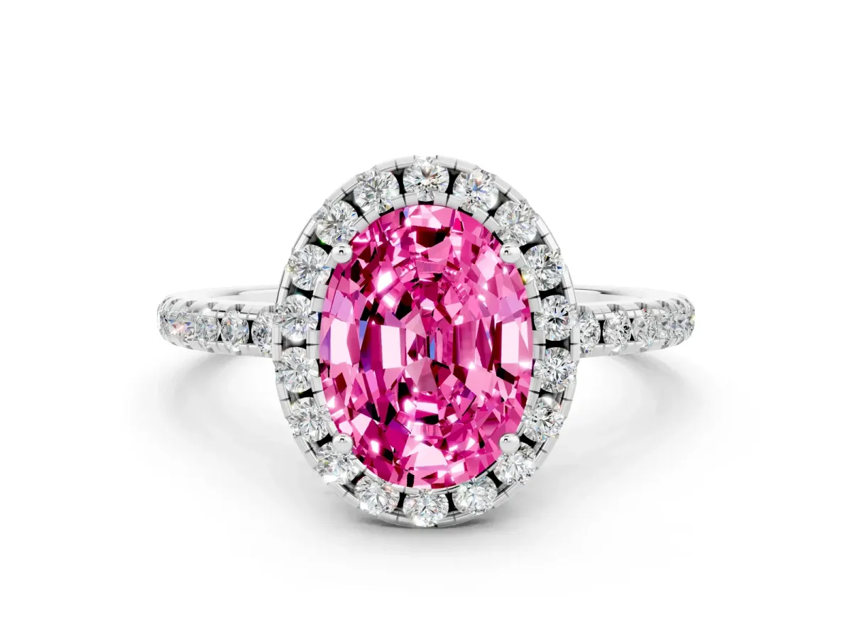 Oval Cut Pink Sapphire Halo Ring with Round Pavé Band and Prong Setting White gold