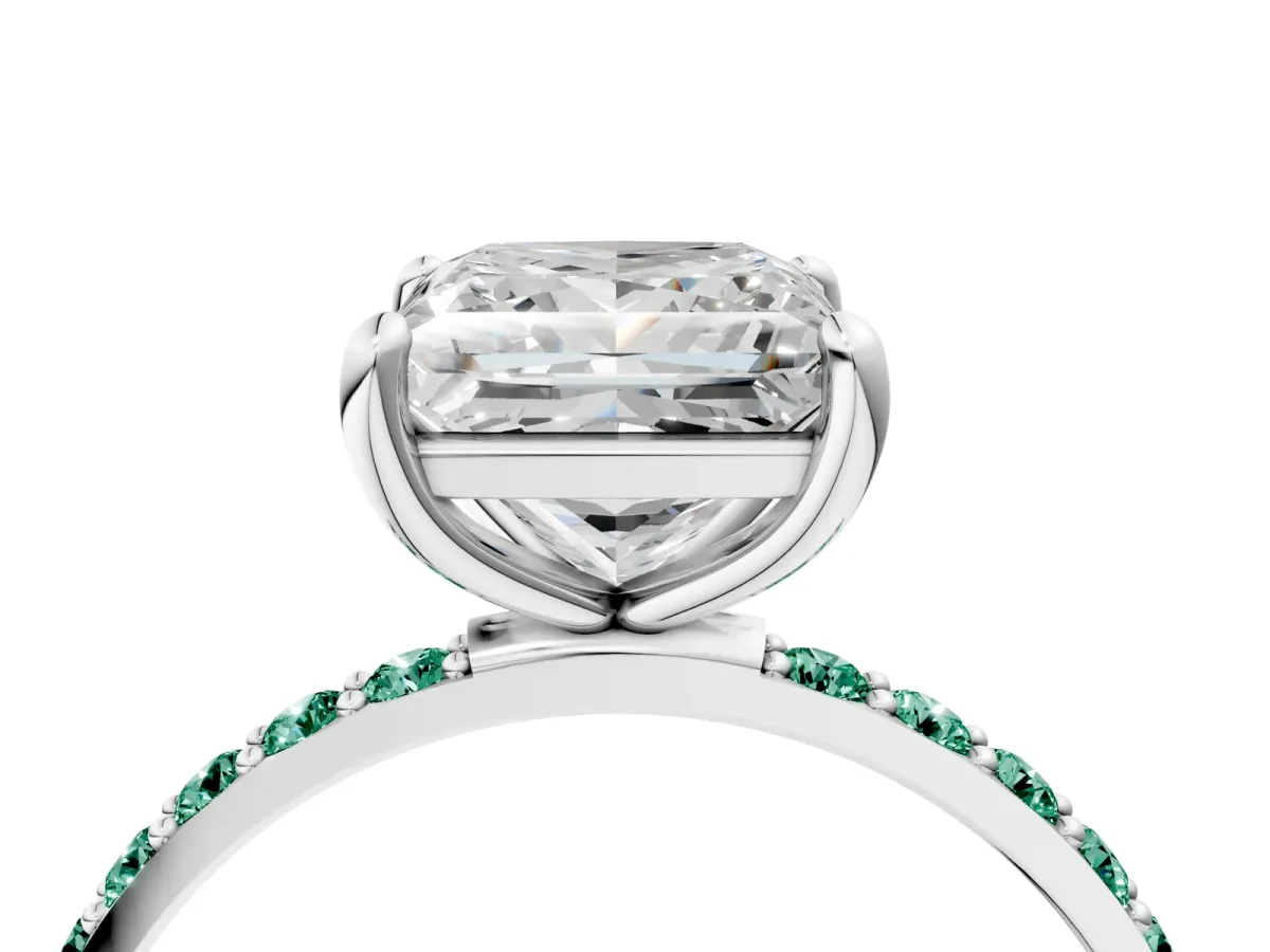Princess Cut Diamond Solitaire Ring with Round Green Sapphire Pavé Band and Prong Setting White gold