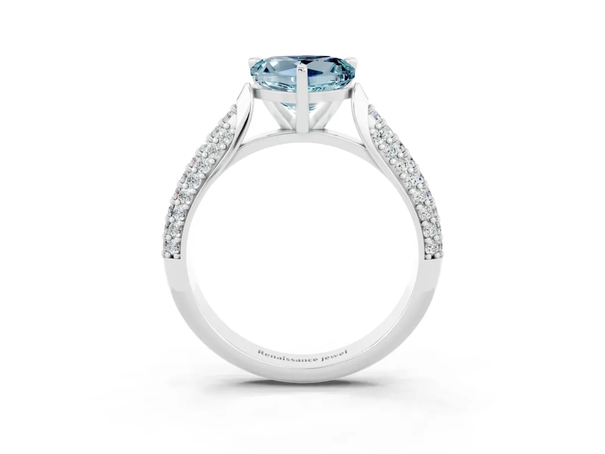 Heart Cut Aquamarine Solitaire Engagement Ring with Multi-Row Round Pavé Band and Prong Setting Platinum