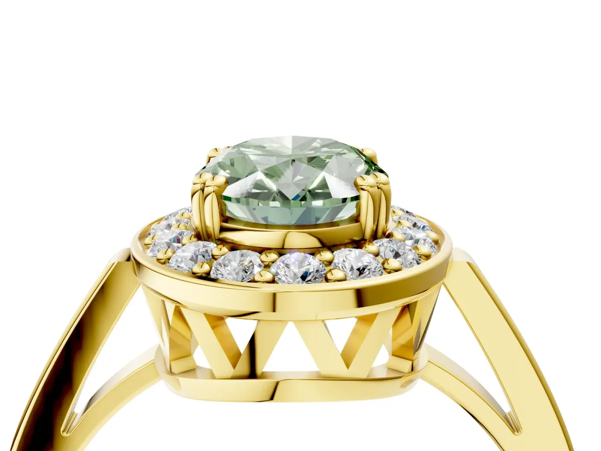 Fancy Green Oval Cut Diamond Halo Ring with Split Shank and Four-Prong Setting Yellow gold