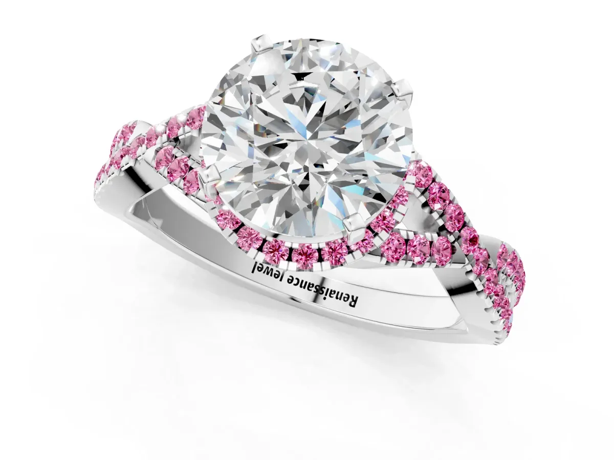 Round Cut Diamond Pink Sapphire Halo Twist Band Solitaire Prong Setting Ring White gold