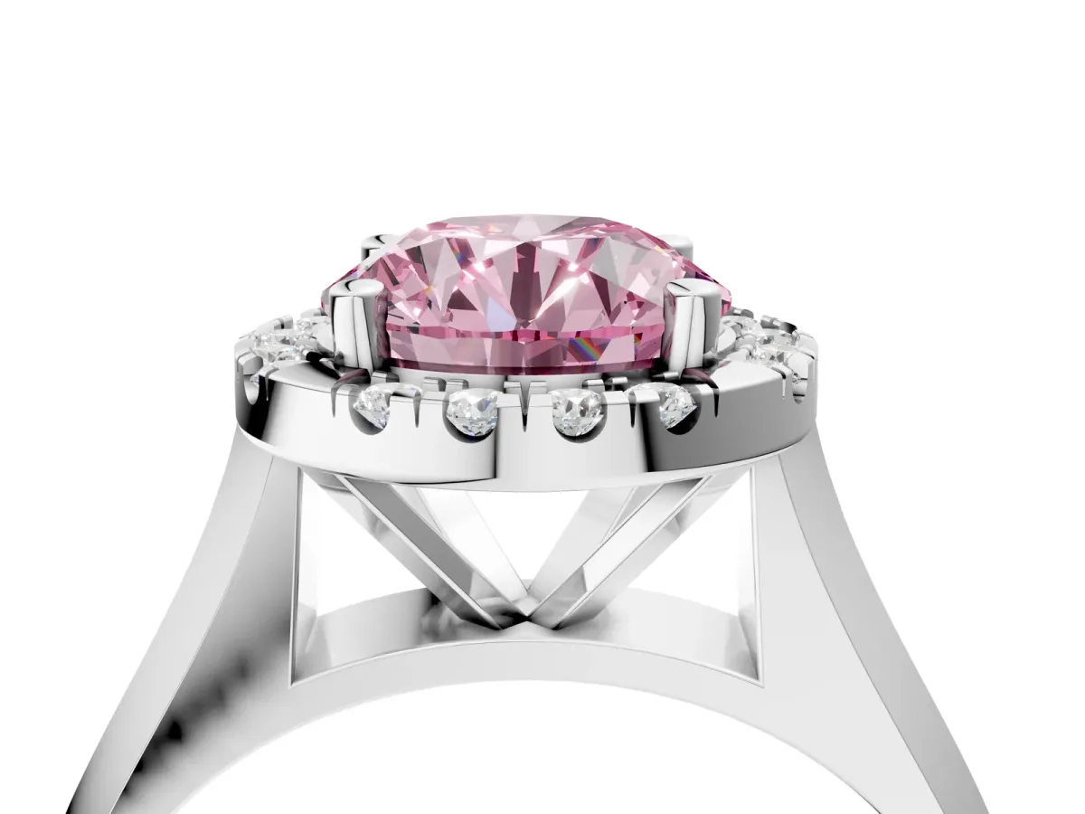 Fancy Pink Round Cut Cut Halo Solitaire Engagement Ring with Square Band and Four-Prong Setting White gold
