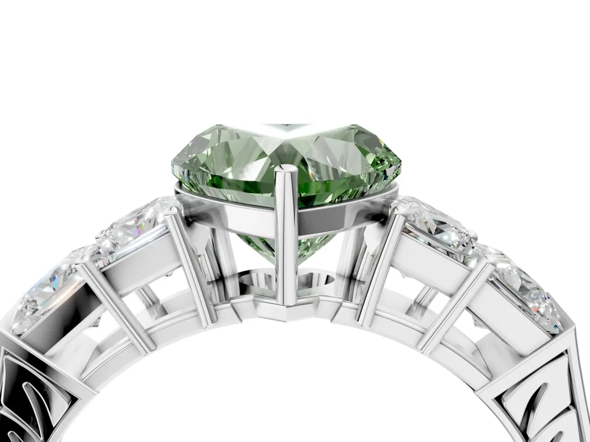 Fancy Green Heart Cut Solitaire Princess Side Stone Engraved Band Prong Setting Ring Silver