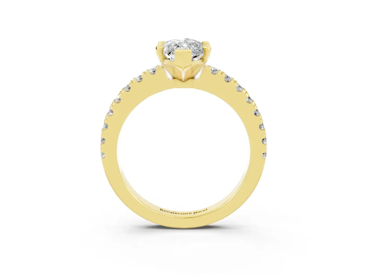 Marquise Cut Solitaire Moissanite with Pavé Band and Four-Prong Setting Yellow gold