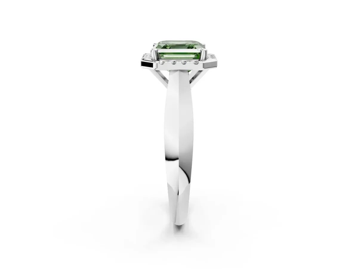Fancy Green Asscher Cut Cut Halo Solitaire Engagement Ring with Square Band and Four-Prong Setting White gold