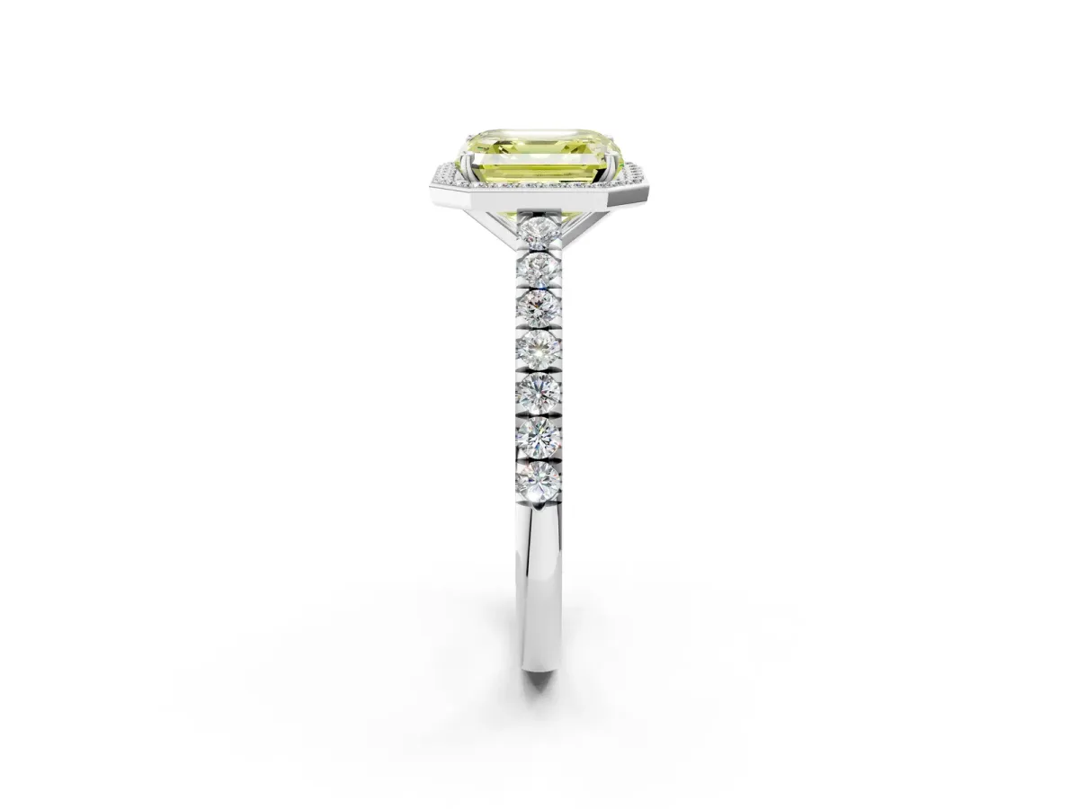 Fancy Yellow Asscher Cut Cut Halo Diamond Engagement Ring with Pave Band and Four-Prong Setting Platinum
