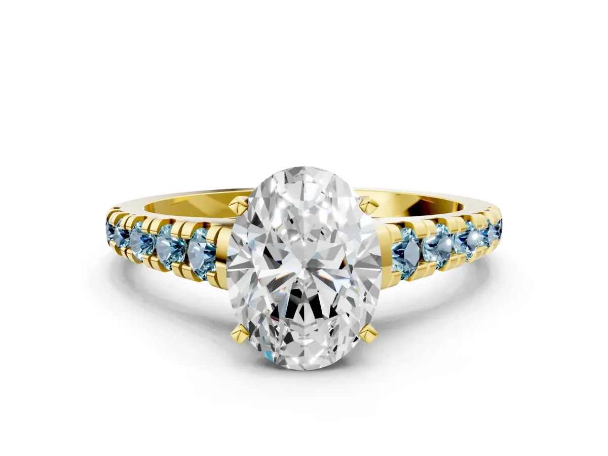 Oval Cut Diamond Cathedral Solitaire Ring with Round Aquamarine Pavé Band Yellow gold