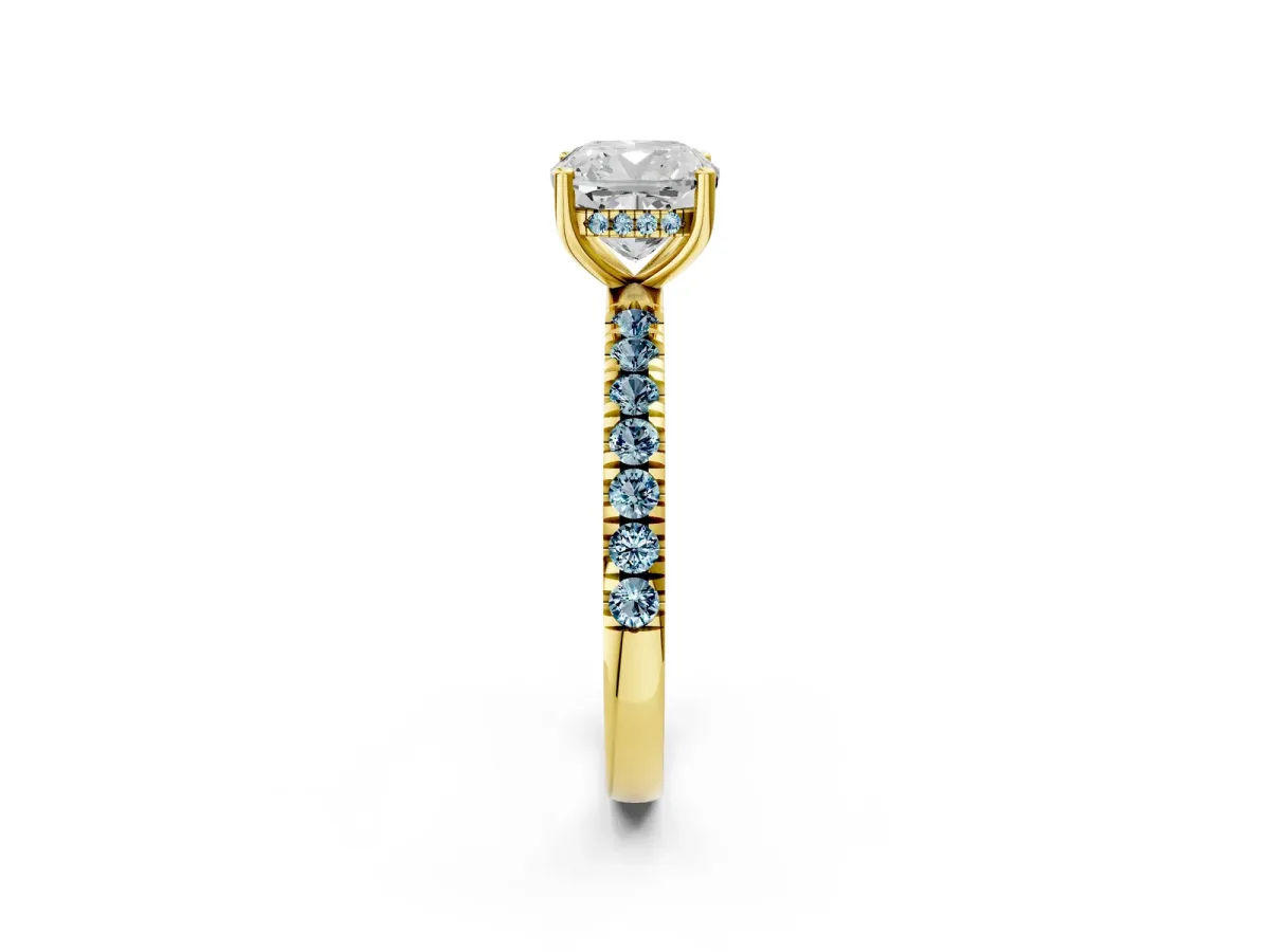 Cushion Cut Diamond Pave Band Solitaire Ring with Round Aquamarine and Prong Setting Yellow gold