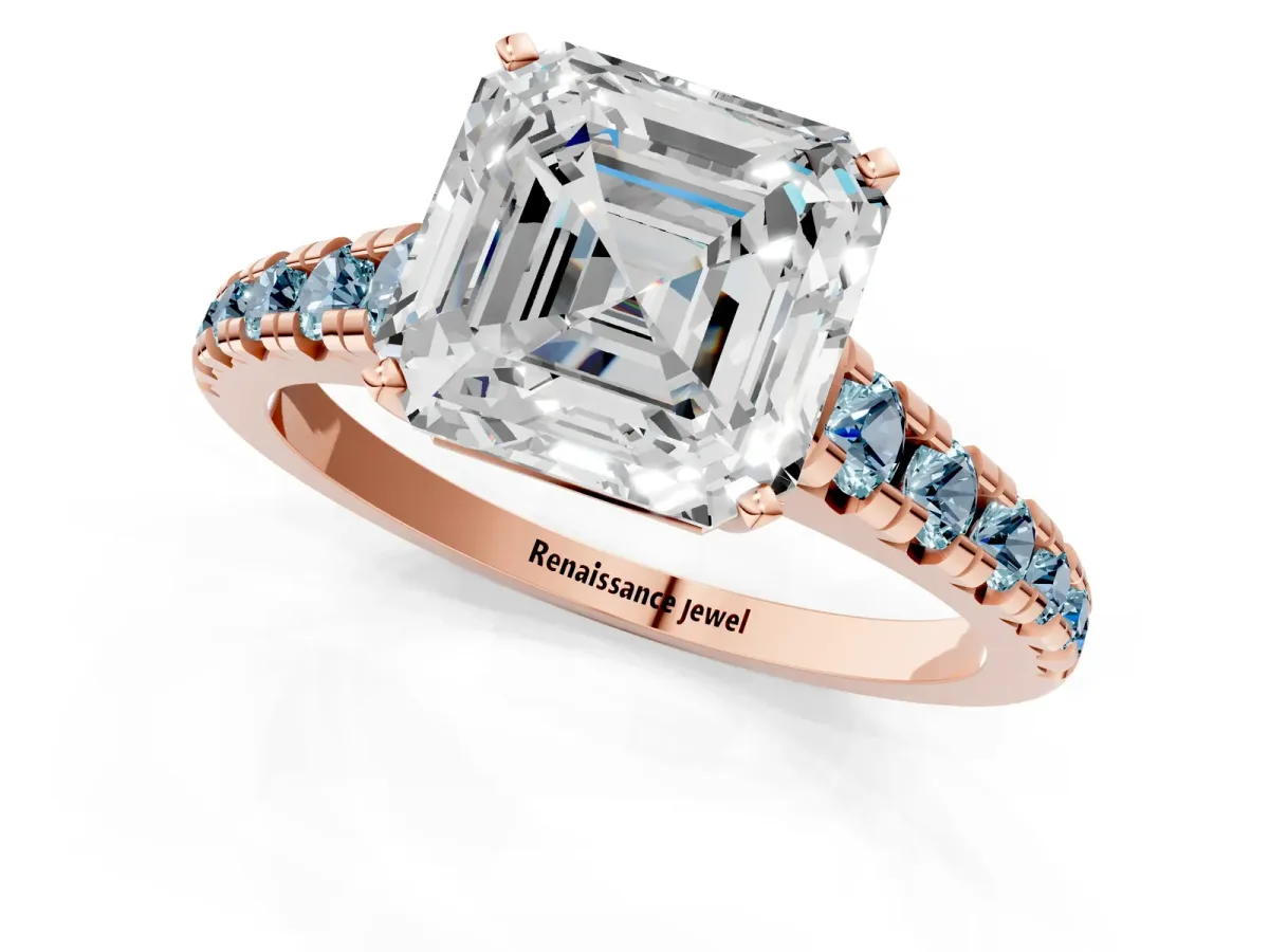 Asscher Cut Diamond Cathedral Solitaire Ring with Round Aquamarine Pavé Band Rose gold