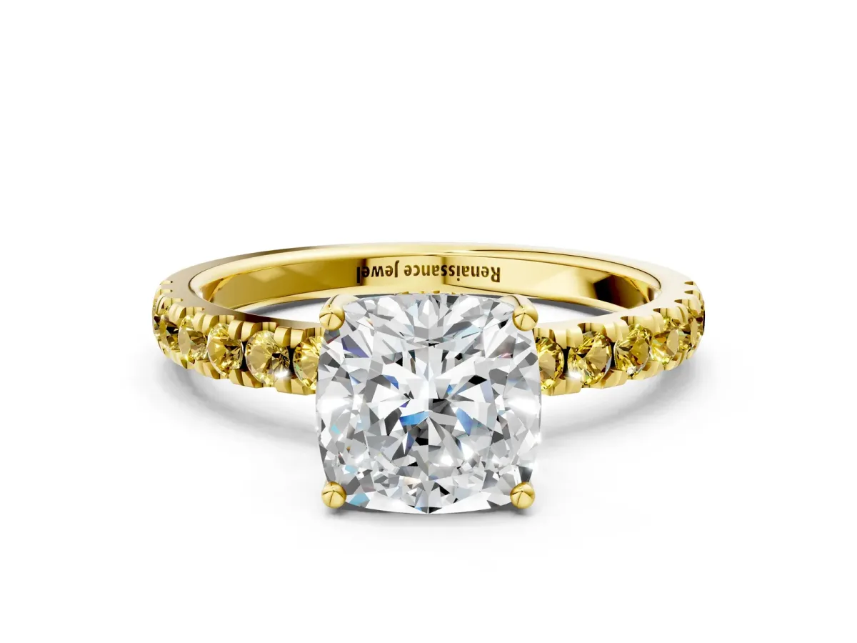 Cushion Cut Diamond Pave Band Solitaire Ring with Round Yellow Sapphire and Prong Setting Yellow gold