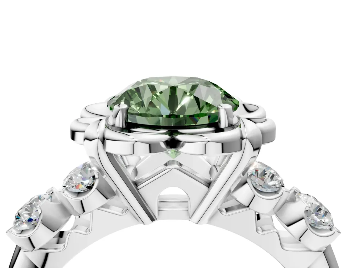 Fancy Green Round Cut Cut Diamond Floral Halo Engagement Ring with Shared Prong Setting Silver