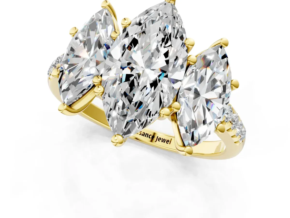 Fancy Green Three-Stone Marquise Cut Diamond Ring with Round Pavé Band and Prong Setting Yellow gold