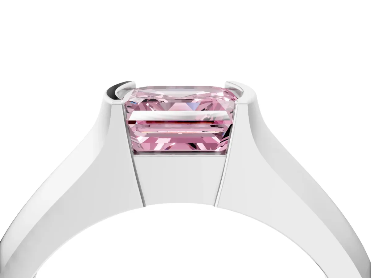 Fancy Pink Asscher Cut Solitaire Bezel Set Diamond Ring with Wide Band Platinum