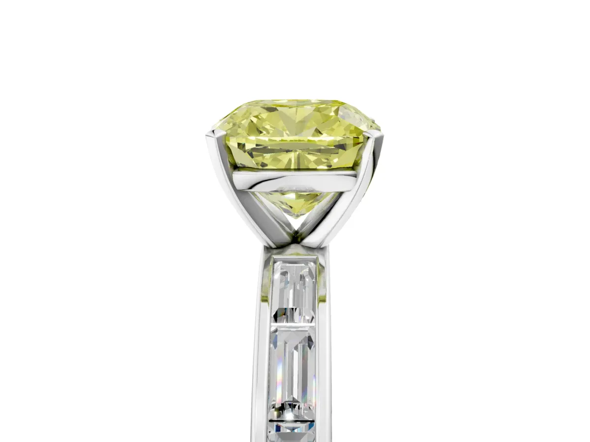Fancy Yellow Cushion Cut Solitaire Diamond Ring with Channel-Set Baguette Band and Four-Prong Setting White gold