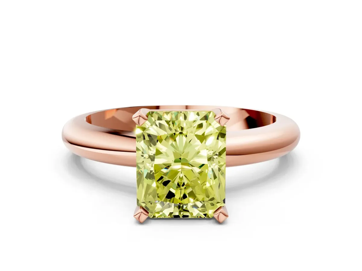 Fancy Yellow Radiant Cut Diamond Solitaire Engagement Ring with Round Band and Four-Prong Setting Rose gold