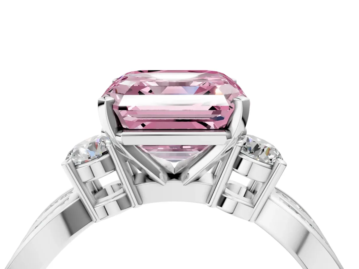 Fancy Pink Three-Stone Asscher Cut Cut Diamond Twist Band with Prong Setting Platinum