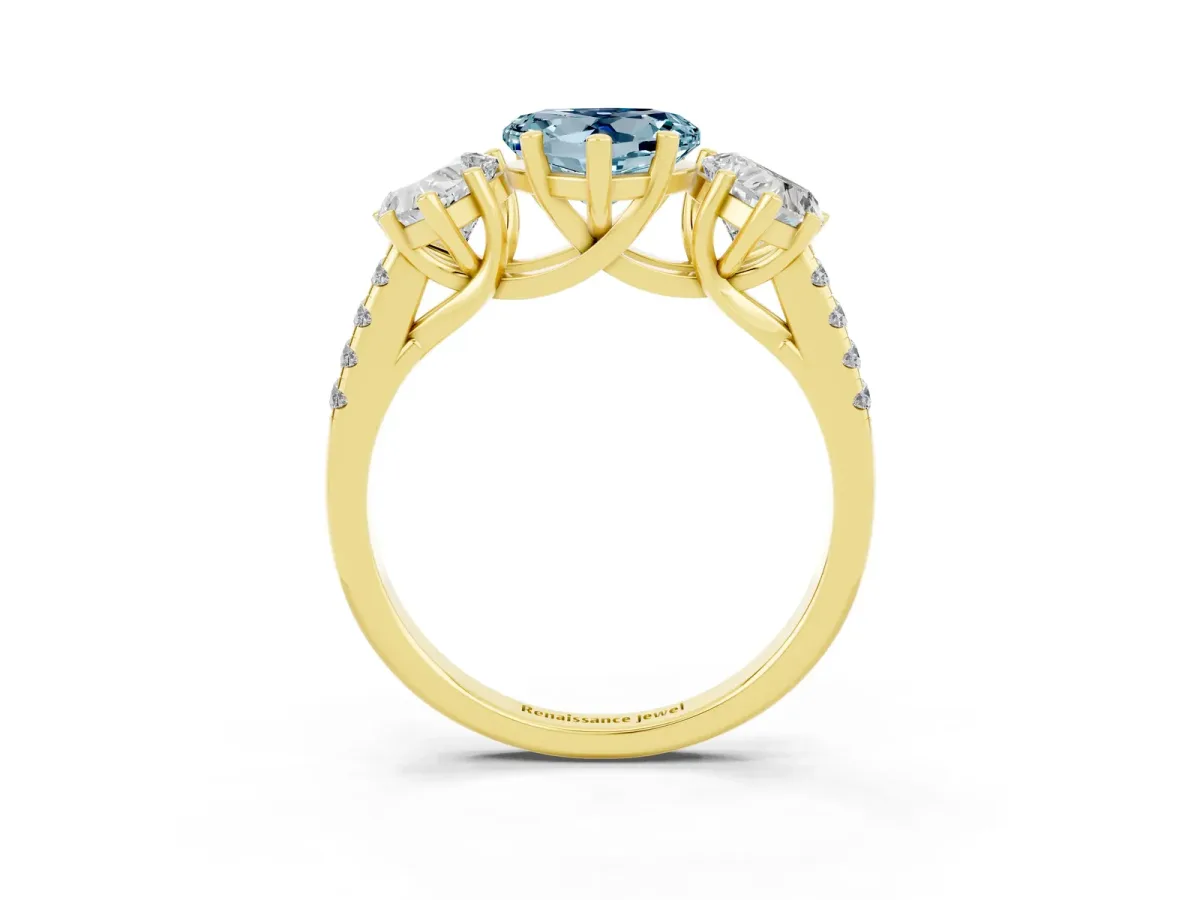 Three-Stone Heart Cut Aquamarine Ring with Round Pavé Band and Prong Setting Yellow gold