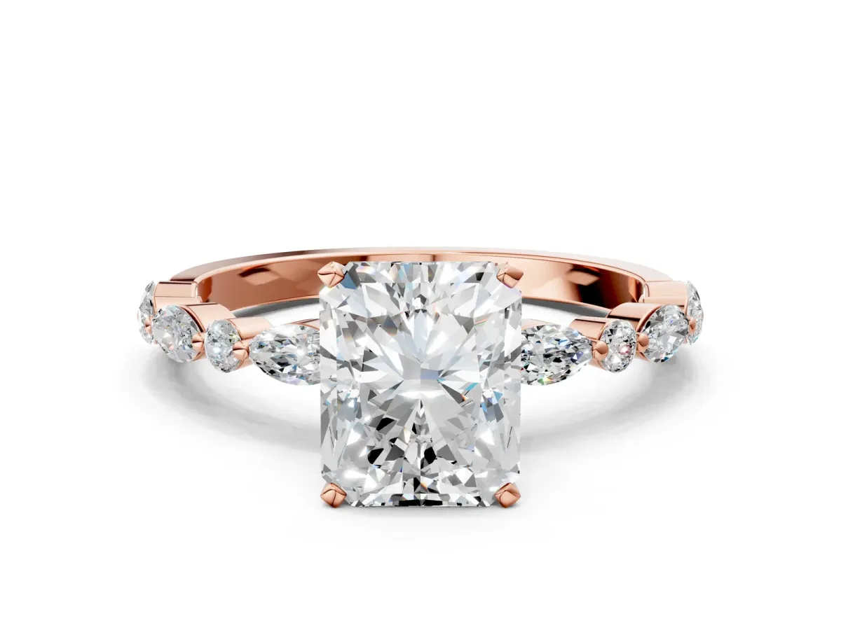 Radiant Cut Diamond Ring with Marquise and Round Side Stones and Four-Prong Setting Rose gold