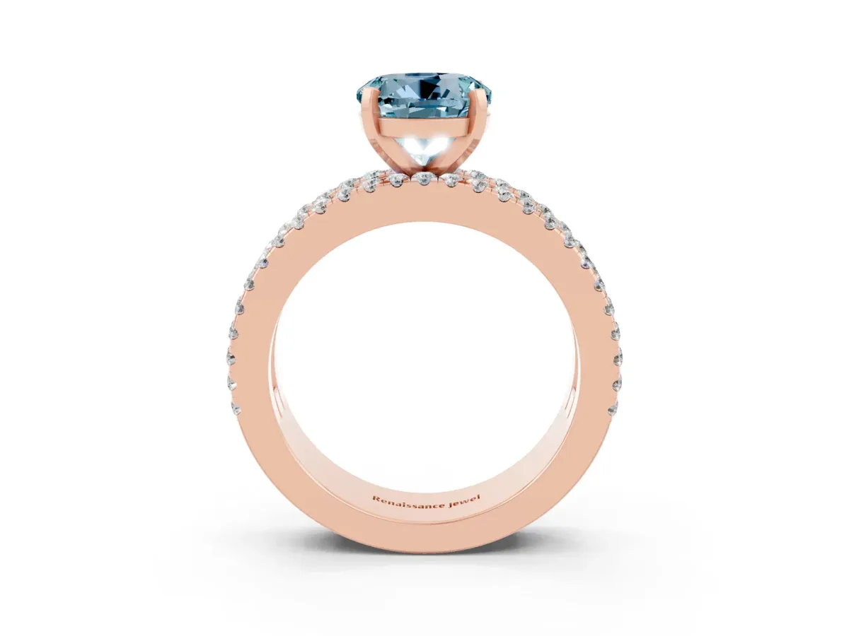 Round Cut Aquamarine Solitaire Ring with Pavé and Channel Set Band Rose gold
